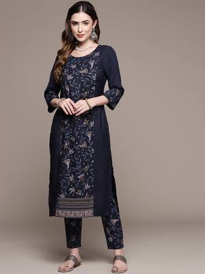 Navy-blue printed crepe kurta sets 1