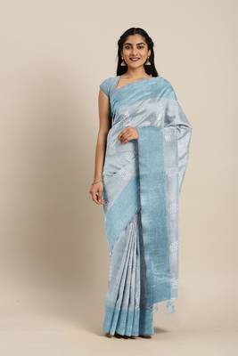 CLASSICATE from the house of The Chennai Silks  Blue Embroidered Work Tissue Cotton Saree With Running Blouse 1