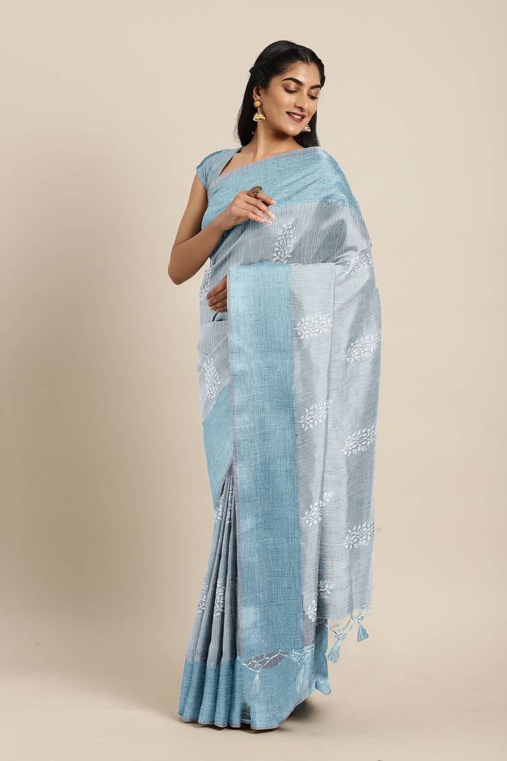 CLASSICATE from the house of The Chennai Silks  Blue Embroidered Work Tissue Cotton Saree With Running Blouse