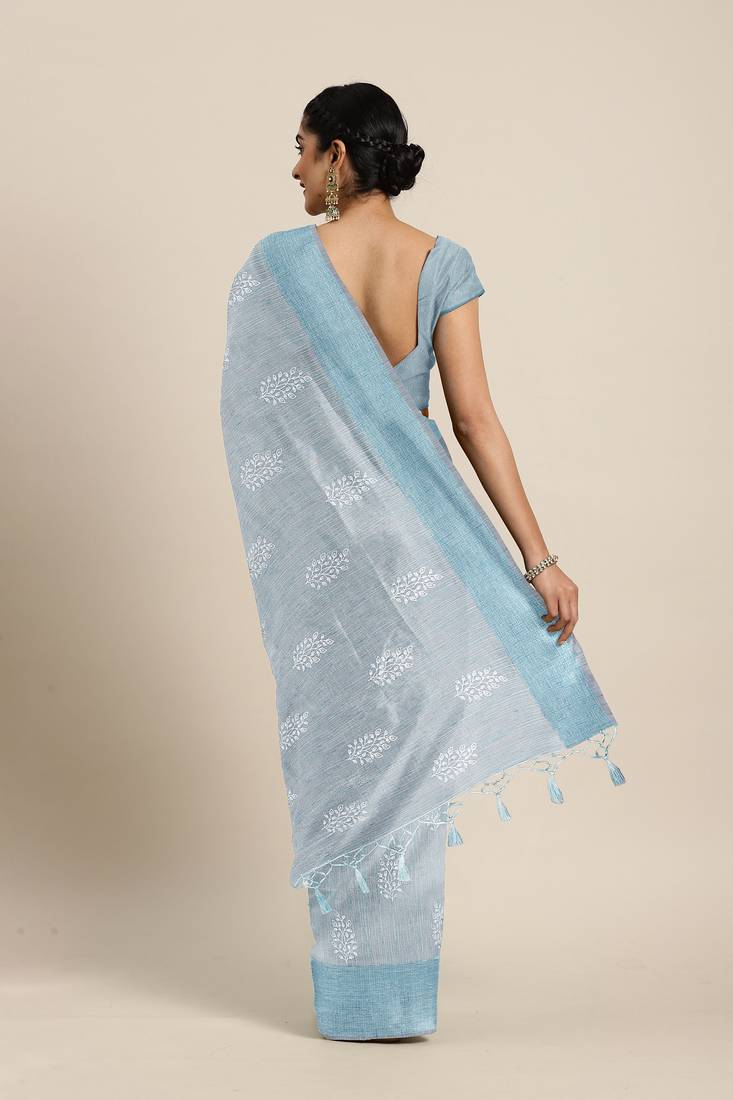CLASSICATE from the house of The Chennai Silks  Blue Embroidered Work Tissue Cotton Saree With Running Blouse