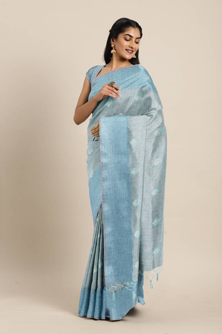 CLASSICATE from the house of The Chennai Silks  Blue Embroidered Work Tissue Cotton Saree With Running Blouse
