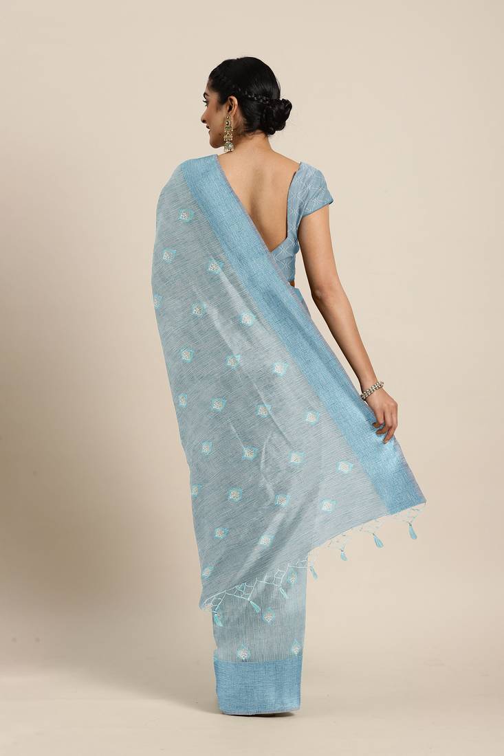 CLASSICATE from the house of The Chennai Silks  Blue Embroidered Work Tissue Cotton Saree With Running Blouse