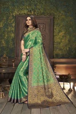 Green woven banarasi silk saree with blouse 2