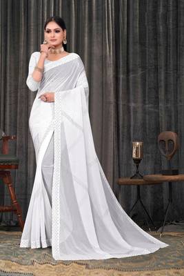 white COLOUR PAKISTANI GEORGETTE SILK SAREE SWAROVSKI DIAMOND WORK SAREE 1