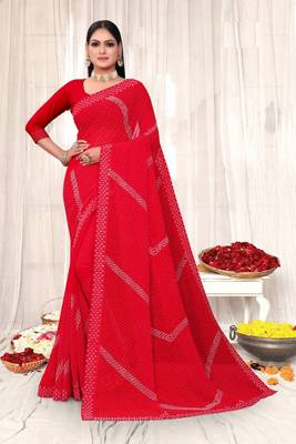 red Colour Pakistani Georgette Silk Saree Swarovski Diamond Work Saree 1