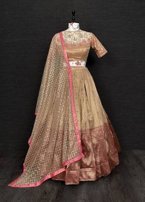 Golden Color Jacquard With Weaving Work Semi Stitched Lehenga Choli & Unstitched Blouse With Dupatta  1