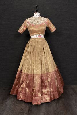 Golden Color Jacquard With Weaving Work Semi Stitched Lehenga Choli & Unstitched Blouse With Dupatta  2