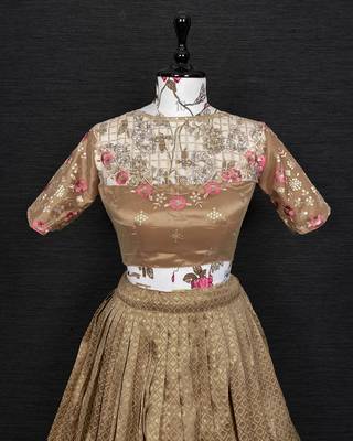 Golden Color Jacquard With Weaving Work Semi Stitched Lehenga Choli & Unstitched Blouse With Dupatta  3