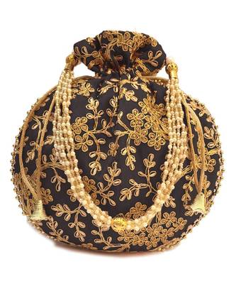 Vintage Gulley Womens Ethnic and Traditional Hand-Held Potli for Giffting and Weddings - Black 1