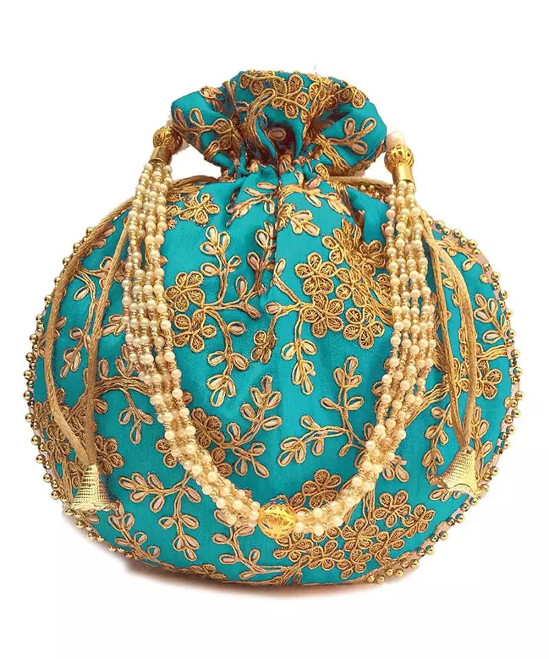 Vintage Gulley Womens Ethnic and Traditional Hand-Held Potli for Giffting and Weddings -Light Blue