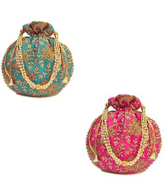 Vintage Gulley Womens Ethnic and Traditional Hand-Held Potli for Giffting and Weddings - Set of 2 - Pink & Light Blue 1