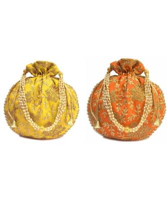 Vintage Gulley Womens Ethnic and Traditional Hand-Held Potli for Giffting and Weddings - Set of 2 - YELLOW ORANGE 1