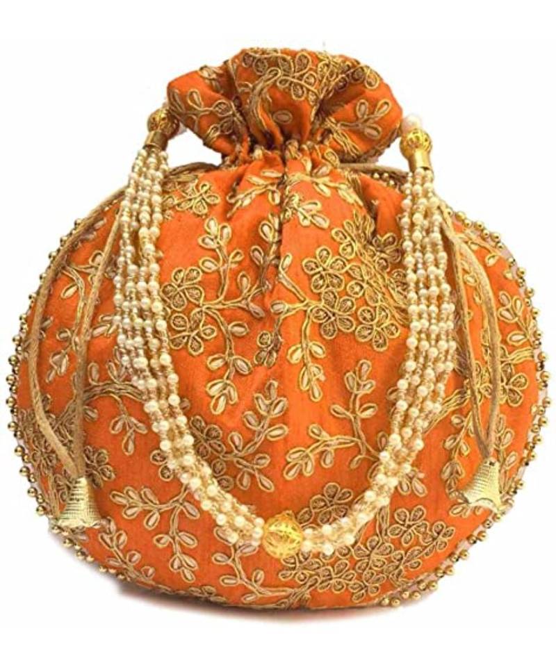 Vintage Gulley Womens Ethnic and Traditional Hand-Held Potli for Giffting and Weddings - Set of 2 - YELLOW ORANGE