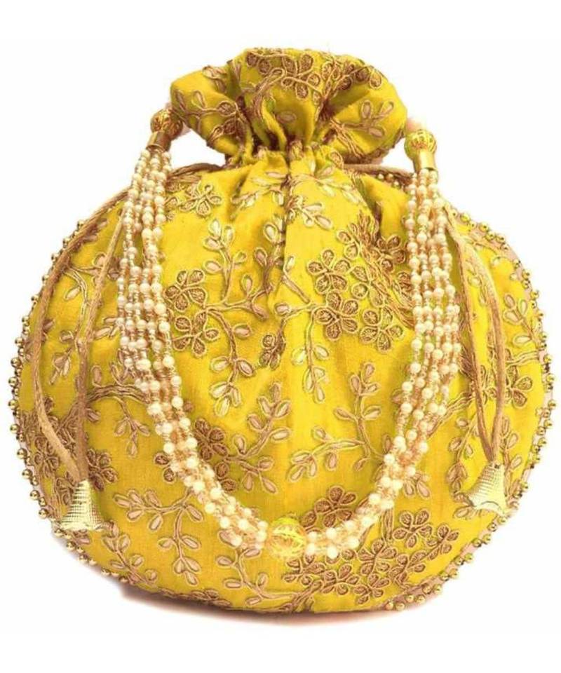 Vintage Gulley Womens Ethnic and Traditional Hand-Held Potli for Giffting and Weddings - Set of 2 - YELLOW ORANGE