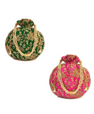 Vintage Gulley Womens Ethnic and Traditional Hand-Held Potli for Giffting and Weddings - Set of 2 - Green Pink 1
