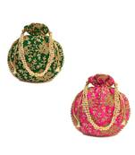 Vintage Gulley Womens Ethnic and Traditional Hand-Held Potli for Giffting and Weddings - Set of 2 - Green Pink