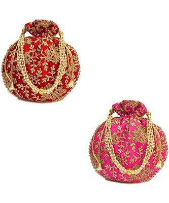 Vintage Gulley Womens Ethnic and Traditional Hand-Held Potli for Giffting and Weddings - Set of 2 - RED PINK 1