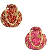 Vintage Gulley Womens Ethnic and Traditional Hand-Held Potli for Giffting and Weddings - Set of 2 - RED PINK