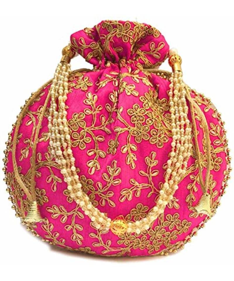 Vintage Gulley Womens Ethnic and Traditional Hand-Held Potli for Giffting and Weddings - Set of 2 - RED PINK