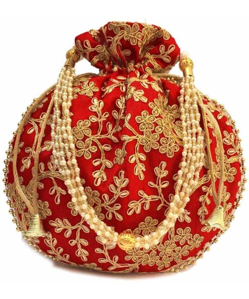 Vintage Gulley Womens Ethnic and Traditional Hand-Held Potli for Giffting and Weddings - Set of 2 - RED PINK