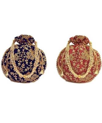 Vintage Gulley Womens Ethnic and Traditional Hand-Held Potli for Giffting and Weddings - Set of 2 - BLUE MAHROON 1