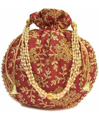 Vintage Gulley Womens Ethnic and Traditional Hand-Held Potli for Giffting and Weddings - Set of 2 - BLUE MAHROON 2