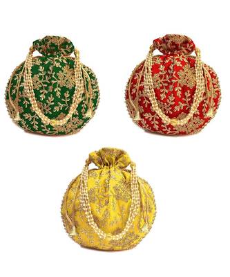 Vintage Gulley Womens Ethnic and Traditional Hand-Held Potli for Giffting and Weddings - Set of 3 - GREEN YELLOW RED 1