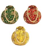 Vintage Gulley Womens Ethnic and Traditional Hand-Held Potli for Giffting and Weddings - Set of 3 - GREEN YELLOW RED