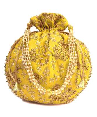 Vintage Gulley Womens Ethnic and Traditional Hand-Held Potli for Giffting and Weddings - Set of 3 - GREEN YELLOW RED 3