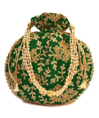 Vintage Gulley Womens Ethnic and Traditional Hand-Held Potli for Giffting and Weddings - Set of 3 - GREEN YELLOW RED 4