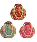 Vintage Gulley Womens Ethnic and Traditional Hand-Held Potli for Giffting and Weddings - Set of 3 - RED LIGHT BLUE PINK