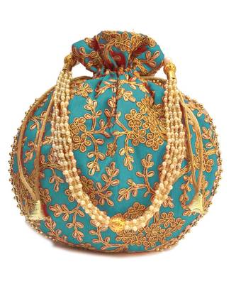 Vintage Gulley Womens Ethnic and Traditional Hand-Held Potli for Giffting and Weddings - Set of 3 - RED LIGHT BLUE PINK 2