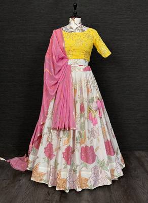 White Sequins Georgette Semi Stitched Lehenga & Unstitched Blouse With Dupatta   1