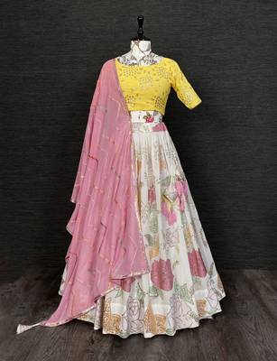 White Sequins Georgette Semi Stitched Lehenga & Unstitched Blouse With Dupatta   5