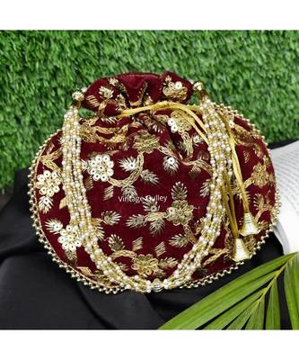 Vintage Gulley Velvet Ethnic Rajasthani Potli Bag - Maroon 1