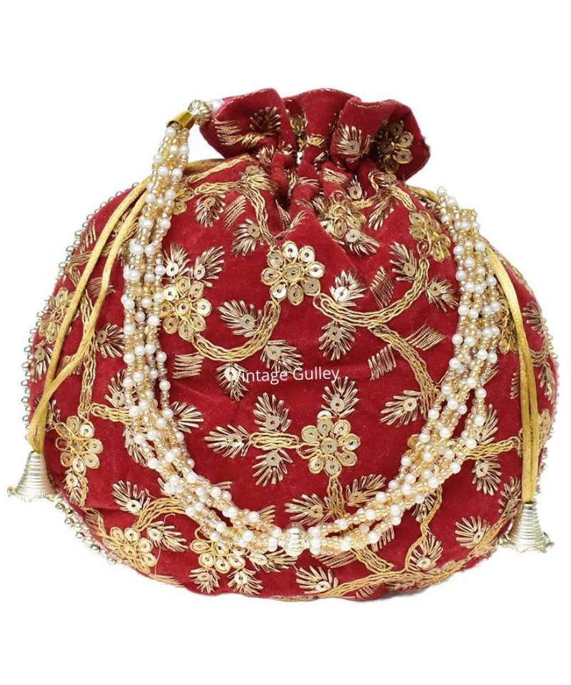 Vintage Gulley Velvet Ethnic Rajasthani Potli Bag - Maroon