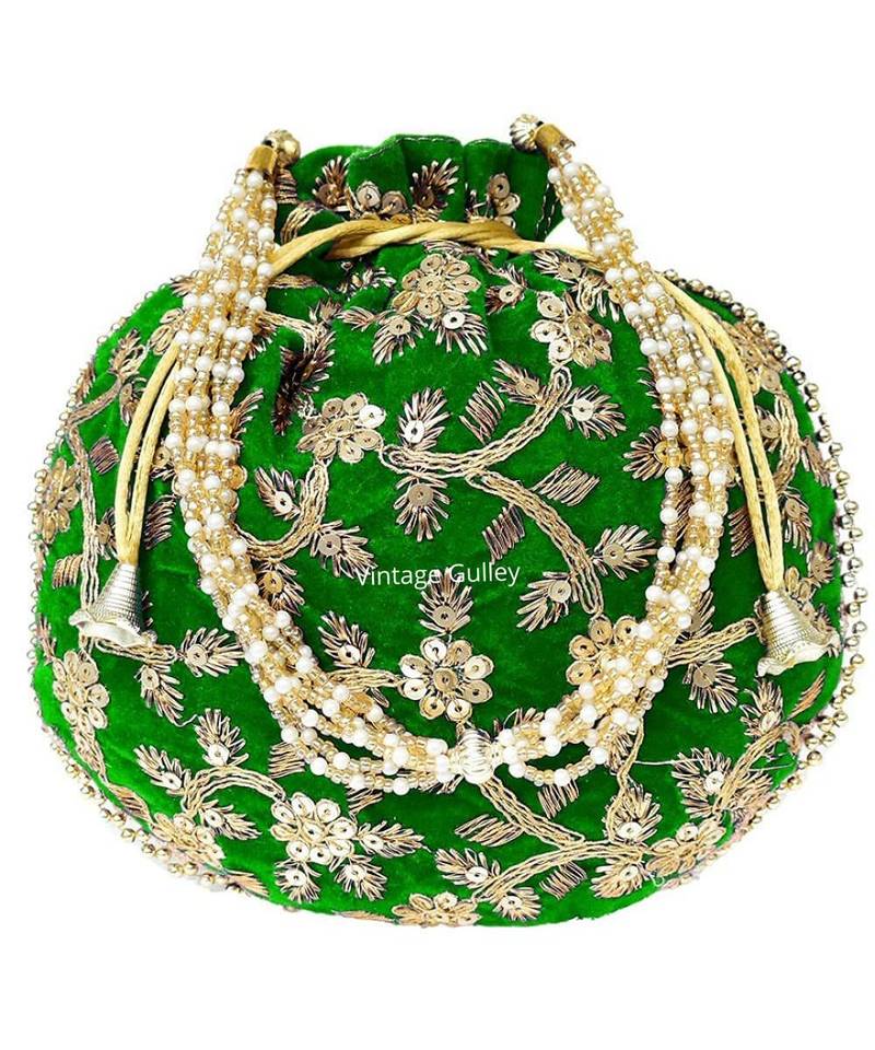 Vintage Gulley Velvet Ethnic Rajasthani Potli Bag - Green