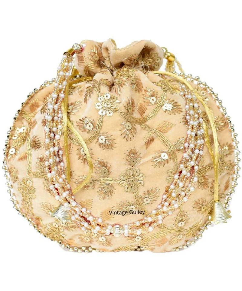 Vintage Gulley Velvet Ethnic Rajasthani Potli Bag - Cream