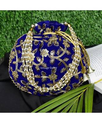 Vintage Gulley Velvet Ethnic Rajasthani Potli Bag - Royal Blue 1