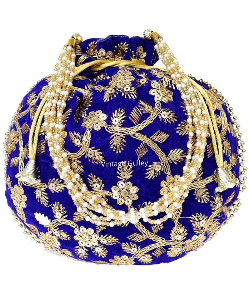 Vintage Gulley Velvet Ethnic Rajasthani Potli Bag - Royal Blue