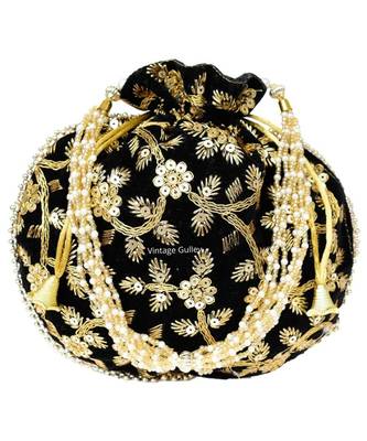 Vintage Gulley Velvet Ethnic Rajasthani Potli Bag - Black 3