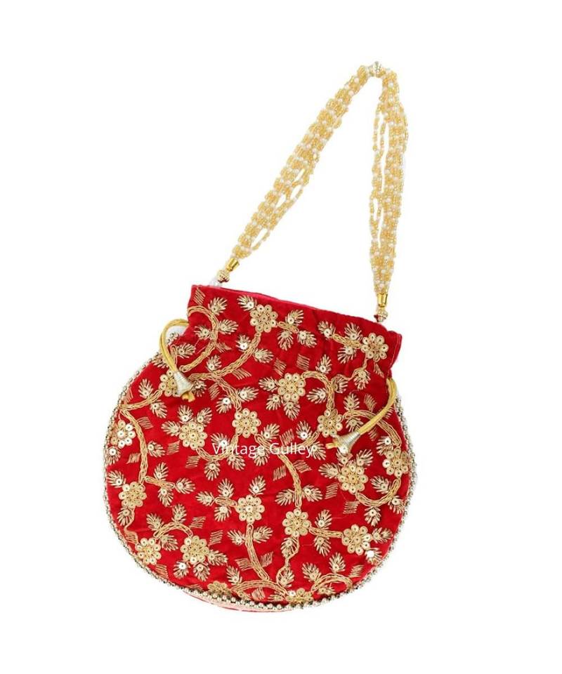 Vintage Gulley Velvet Ethnic Rajasthani Potli Bag - Red