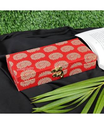 Vintage Gulley Fabric and Wooden Decorative, Shagun, Jewelry Box for Wedding|Gift Box (Red-Silver) 1