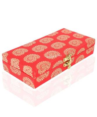 Vintage Gulley Fabric and Wooden Decorative, Shagun, Jewelry Box for Wedding|Gift Box (Red-Silver) 2