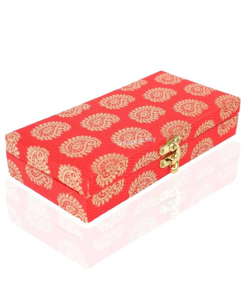 Vintage Gulley Fabric and Wooden Decorative, Shagun, Jewelry Box for Wedding|Gift Box (Red-Silver)