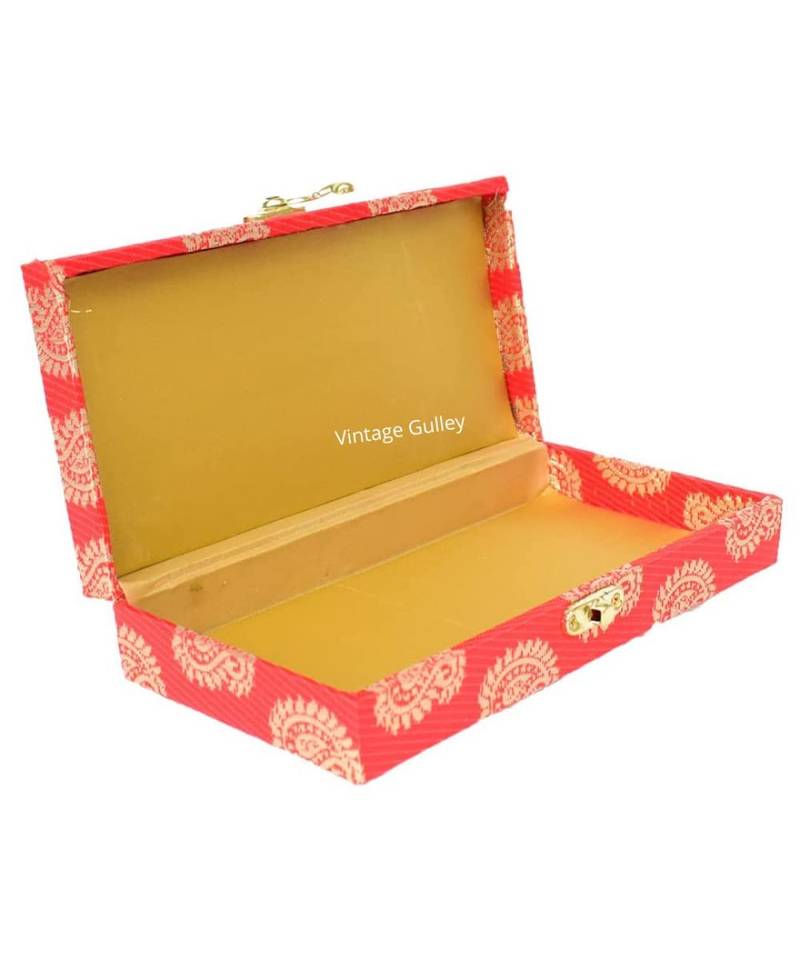 Vintage Gulley Fabric and Wooden Decorative, Shagun, Jewelry Box for Wedding|Gift Box (Red-Silver)