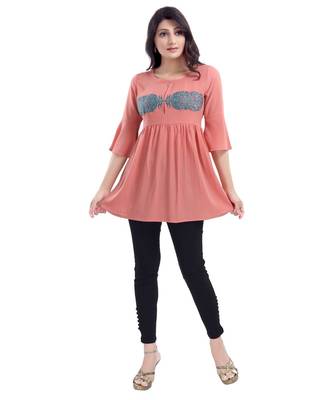 PERFECT PEACH STAR CREPE FABRIC WOMEN TUNIC kurtiWITH EMBROIDERY WORK 1