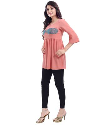 PERFECT PEACH STAR CREPE FABRIC WOMEN TUNIC kurtiWITH EMBROIDERY WORK 3