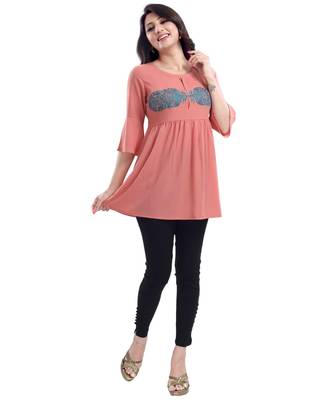 PERFECT PEACH STAR CREPE FABRIC WOMEN TUNIC kurtiWITH EMBROIDERY WORK 5