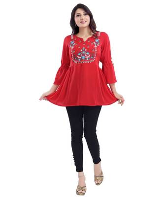 RED STAR CREPE FABRIC WOMEN TUNIC kurtiWITH EMBROIDERY WORK 1
